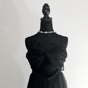 Peek-a-Boo!! Sexy Black Tulle Wide Leg Jumpsuit Midsection Cut Out Size Large.